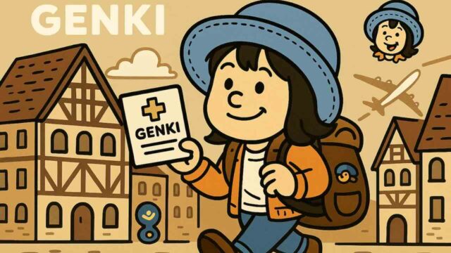 Genki海外旅行保険のイラスト。ヨーロッパの街並みでバックパッカーが保険証明書を手にしている。