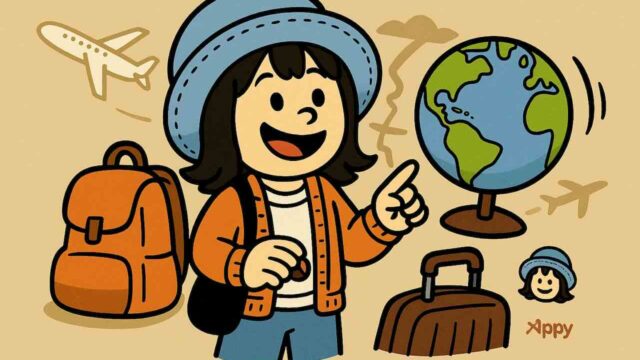 Globe Partner保険のイラスト。若い旅行者が地球儀を持って旅に出る準備をしている様子。