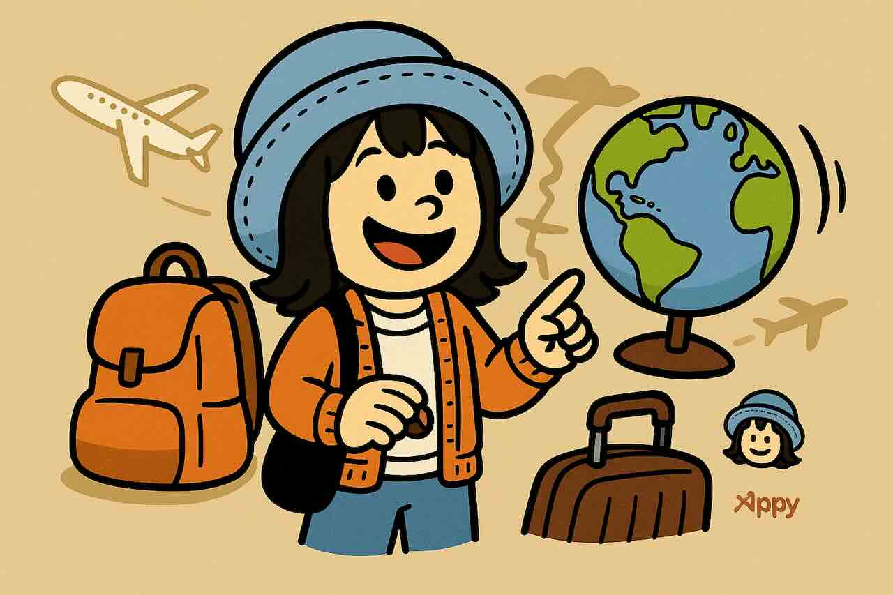 Globe Partner保険のイラスト。若い旅行者が地球儀を持って旅に出る準備をしている様子。
