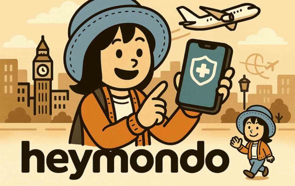 Heymondo海外旅行保険のイラスト。スマホアプリで契約や証明書を確認する旅行者の姿。
