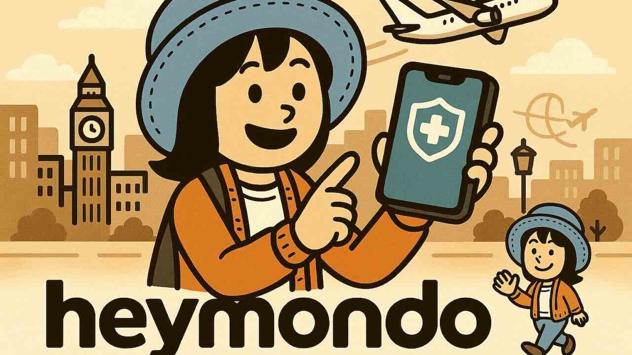 Heymondo海外旅行保険のイラスト。スマホアプリで契約や証明書を確認する旅行者の姿。