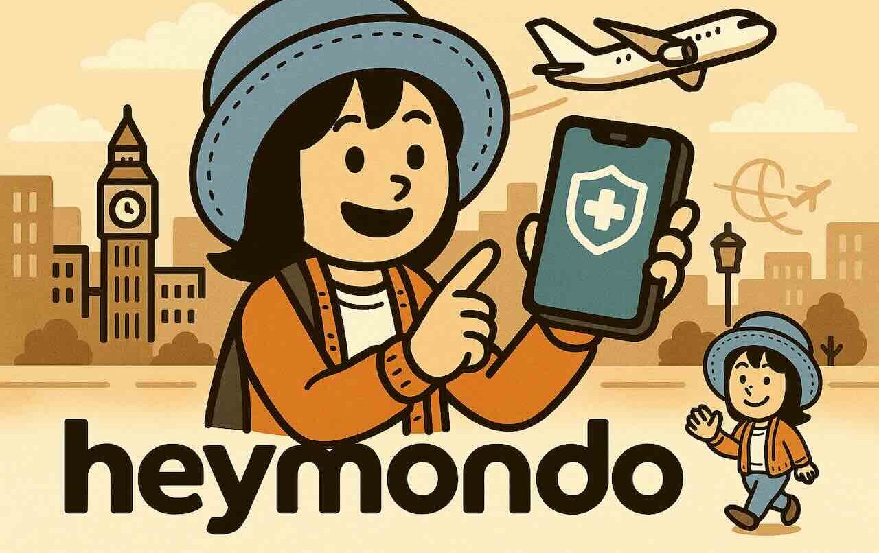 Heymondo海外旅行保険のイラスト。スマホアプリで契約や証明書を確認する旅行者の姿。