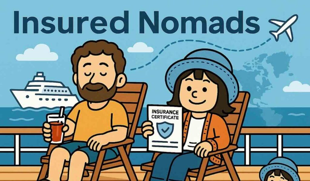 Insured Nomads保険を利用する旅行者のイラスト。クルーズ船上で安心して旅を楽しむ姿。