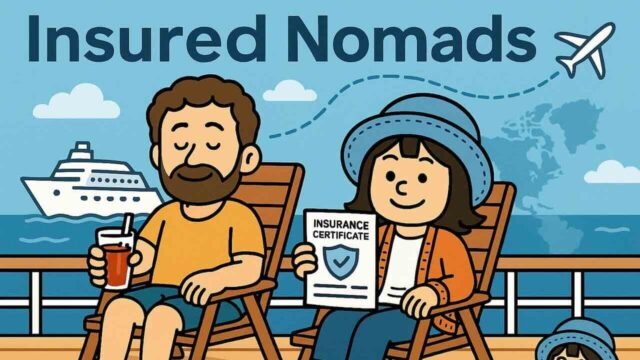 Insured Nomads保険を利用する旅行者のイラスト。クルーズ船上で安心して旅を楽しむ姿。