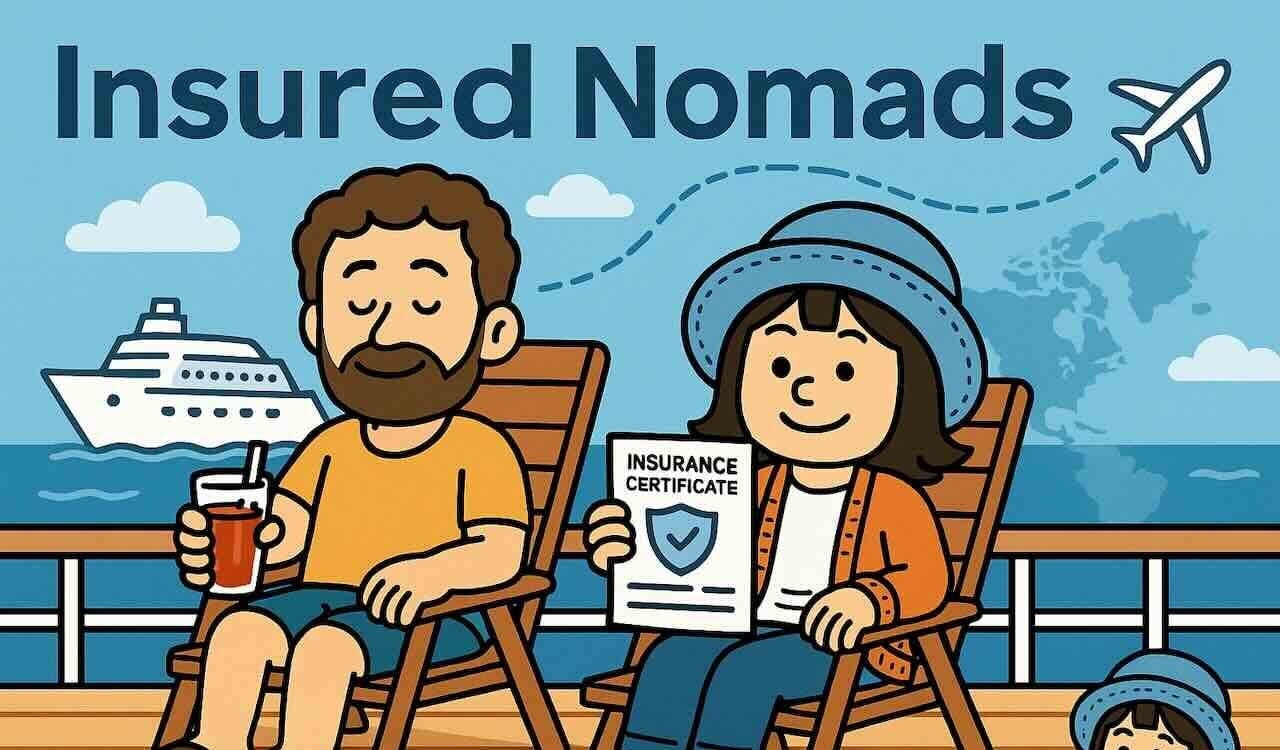 Insured Nomads保険を利用する旅行者のイラスト。クルーズ船上で安心して旅を楽しむ姿。