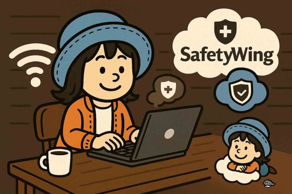 SafetyWingの保険を使うデジタルノマドのイラスト。カフェでPCを使いながら安心して旅を続ける様子。