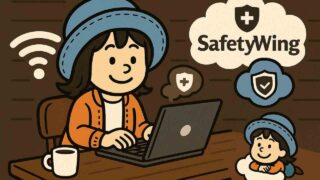 SafetyWingの保険を使うデジタルノマドのイラスト。カフェでPCを使いながら安心して旅を続ける様子。
