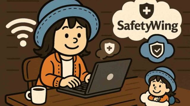 SafetyWingの保険を使うデジタルノマドのイラスト。カフェでPCを使いながら安心して旅を続ける様子。