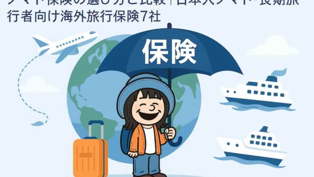 青い帽子とオレンジのカーディガンを着たAppyが笑顔で大きな青い傘をさして立っている。傘には『保険』と書かれており、背景には飛行機、クルーズ船、地球儀が描かれ、長期旅行やノマド向けの海外旅行保険の安心感を表現したイラスト