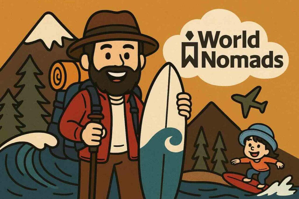 World Nomads海外旅行保険のイラスト。登山やサーフィンを楽しむアクティブな旅行者を描写。