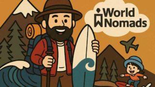 World Nomads海外旅行保険のイラスト。登山やサーフィンを楽しむアクティブな旅行者を描写。