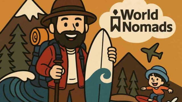 World Nomads海外旅行保険のイラスト。登山やサーフィンを楽しむアクティブな旅行者を描写。