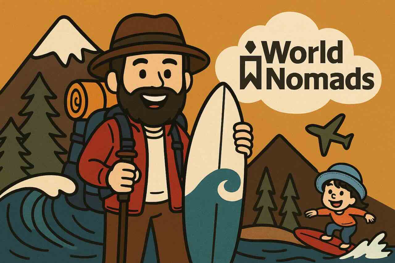 World Nomads海外旅行保険のイラスト。登山やサーフィンを楽しむアクティブな旅行者を描写。