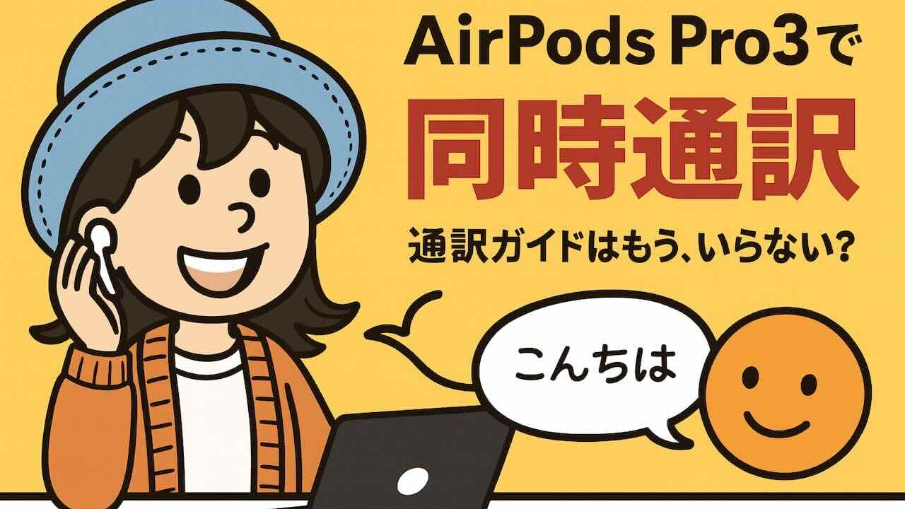 AirPods Pro3の新機能であるAI同時通訳を紹介するイメージポスター。旅行者・ビジネス向けにも対応。