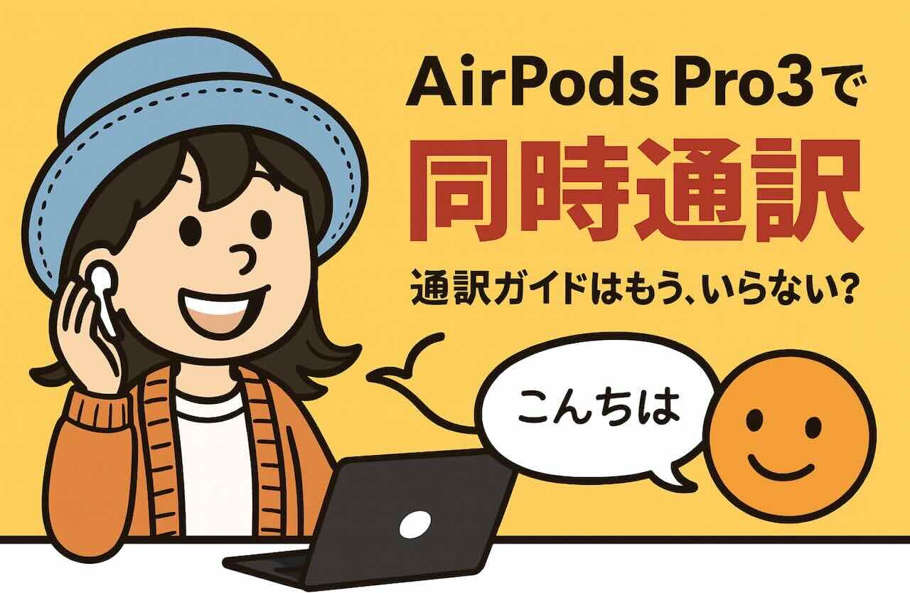 AirPods Pro3の新機能であるAI同時通訳を紹介するイメージポスター。旅行者・ビジネス向けにも対応。