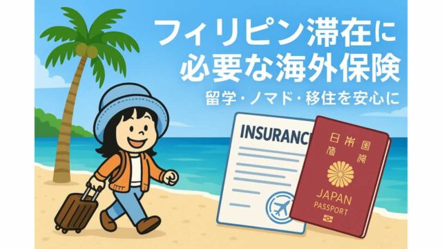 フィリピン滞在に必要な海外保険をイメージしたイラスト。セブ島のビーチを背景に、キャリーケースを引くAppyキャラとパスポート・保険証書が描かれ、「留学・ノマド・移住を安心に」というメッセージ。