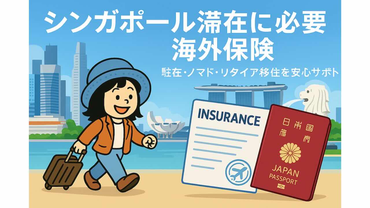 シンガポール滞在に必要な海外保険を伝えるイラスト。スーツケースを持つ女性と、保険証と日本のパスポート、背景にマリーナベイサンズとマーライオンが描かれている。