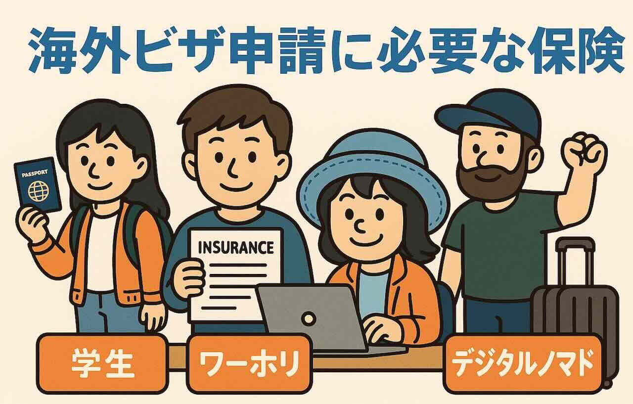 ビザ申請まとめのイラスト。学生、ワーホリ、ノマドを表す人物がパスポートや保険証明書、スーツケースを持ち、海外保険の必要性を示している。