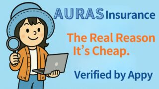 Appy wearing an orange cardigan and blue hat, holding a magnifying glass and laptop, explaining why AURAS insurance is affordable and reliable.