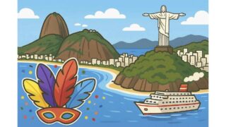 リオデジャネイロ寄港のイラスト|コルコバードのキリスト像、シュガーローフ山、コパカバーナ海岸、カーニバルを象徴する羽根飾りとクルーズ船