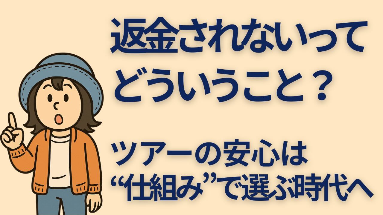 指をさして問いかける女性キャラクターと「返金されないって、どういうこと？ ツアーの安心は“仕組み”で選ぶ時代へ」という文字が描かれたアイキャッチ画像。Viatorやロコタビなどの寄港地ツアー予約先を比較した記事の案内画像。
