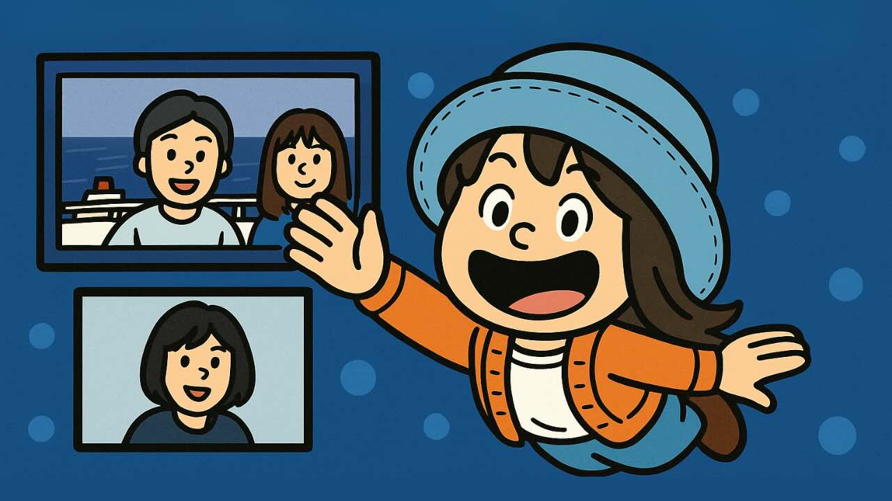 Appyが出演したYouTube「クルーズチャンネル by Sally」ライブコラボのアイキャッチ画像。青い帽子とオレンジのカーディガンのAppyが笑顔で登場し、イースター島をテーマにしたトークを楽しむ雰囲気を表現。