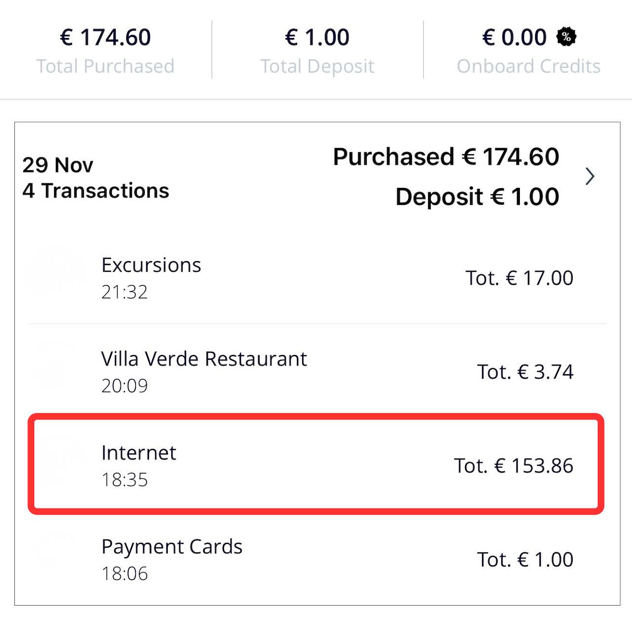 MSC公式アプリ（MSC for Me）で確認したWi-Fi料金。Browseプラン2デバイス7日間で153.86ユーロ請求された画面