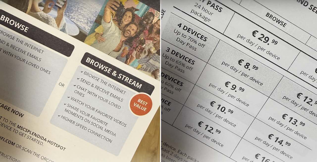 MSCクルーズ船内Wi-Fiの料金表。BrowseとBrowse & Stream、1〜4デバイス別の日額料金が記載されている