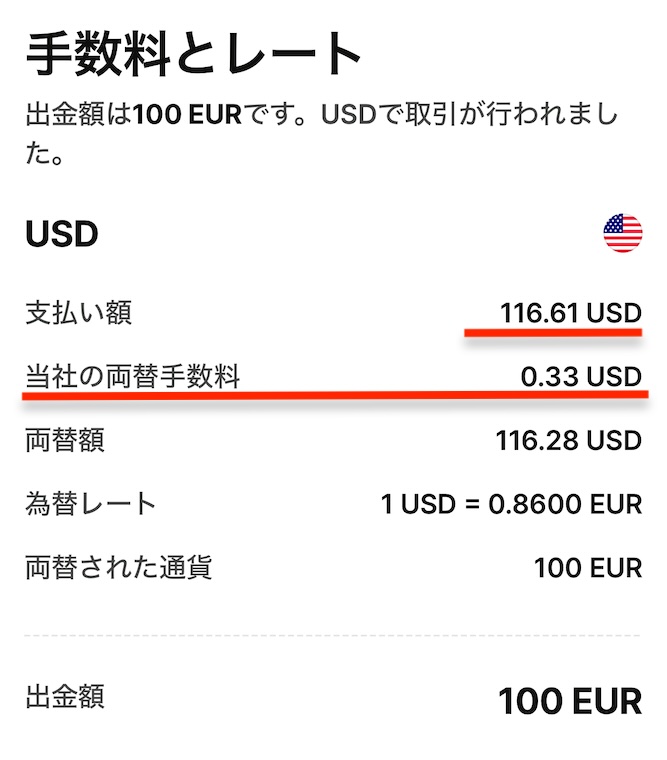 ジェノバの銀行系ATMで100ユーロを引き出した際のWise明細（116.61USD・ATM手数料なし）
