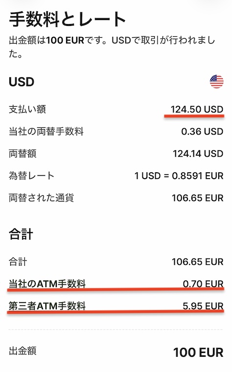 パレルモのEuronet ATMで100ユーロを引き出した際のWise明細（124.50USD・第三者ATM手数料5.95EUR）