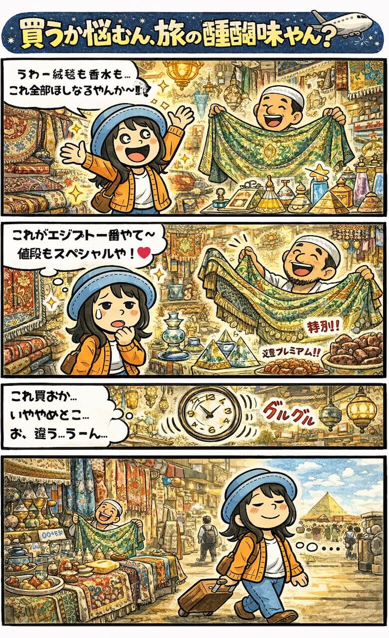 エジプト旅行の土産物市場で、買うか迷いながら時間に追われるAppyを描いた4コマ漫画