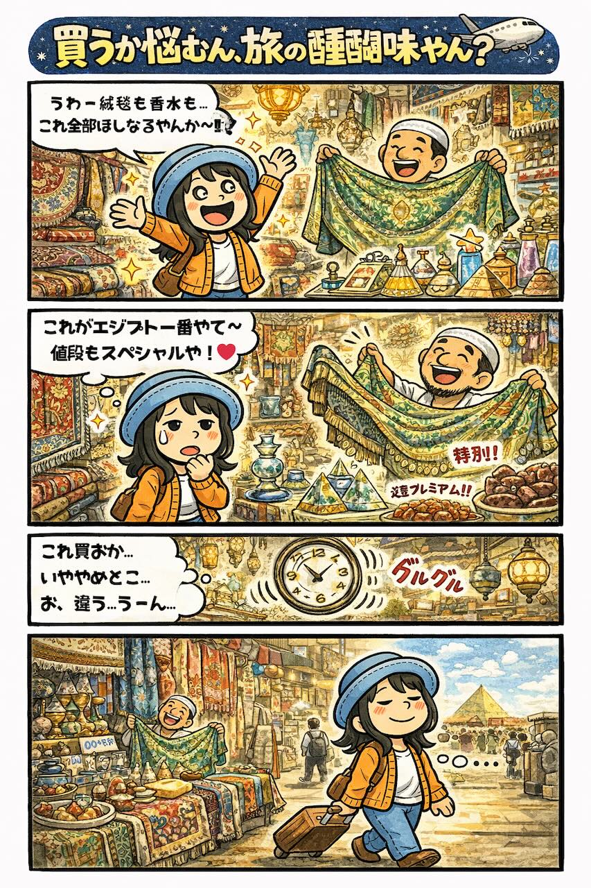 エジプト旅行の土産物市場で、買うか迷いながら時間に追われるAppyを描いた4コマ漫画