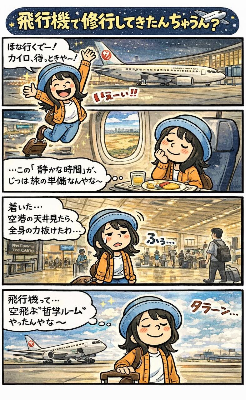 エジプト旅行の移動中、飛行機と空港での時間を通して旅の始まりを描いた4コマ漫画