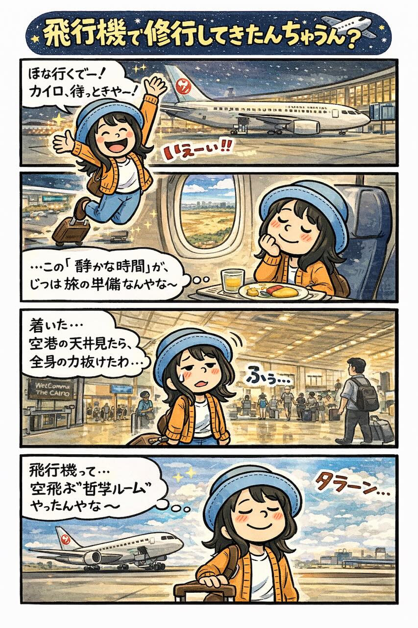 エジプト旅行の移動中、飛行機と空港での時間を通して旅の始まりを描いた4コマ漫画