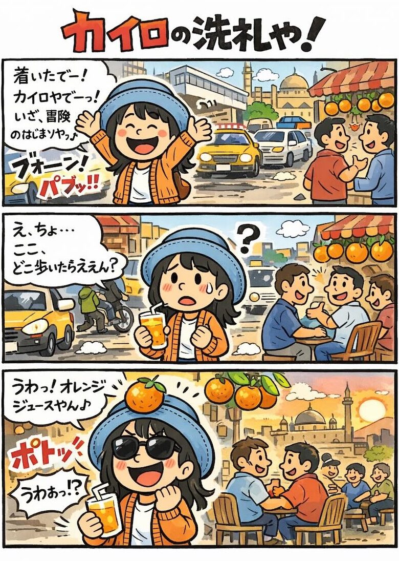 エジプト旅行でカイロの街に到着し、人混みの中で戸惑いながら街を歩くAppyを描いた4コマ漫画