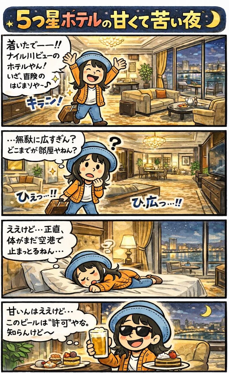 エジプト旅行でカイロの五つ星ホテルに到着し、広い客室で夜を過ごすAppyを描いた4コマ漫画