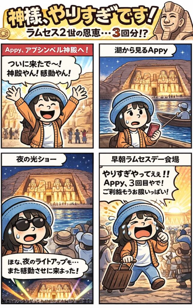 エジプト旅行でアブシンベル神殿を訪れ、昼夜さまざまな見学体験を重ねるAppyを描いた4コマ漫画