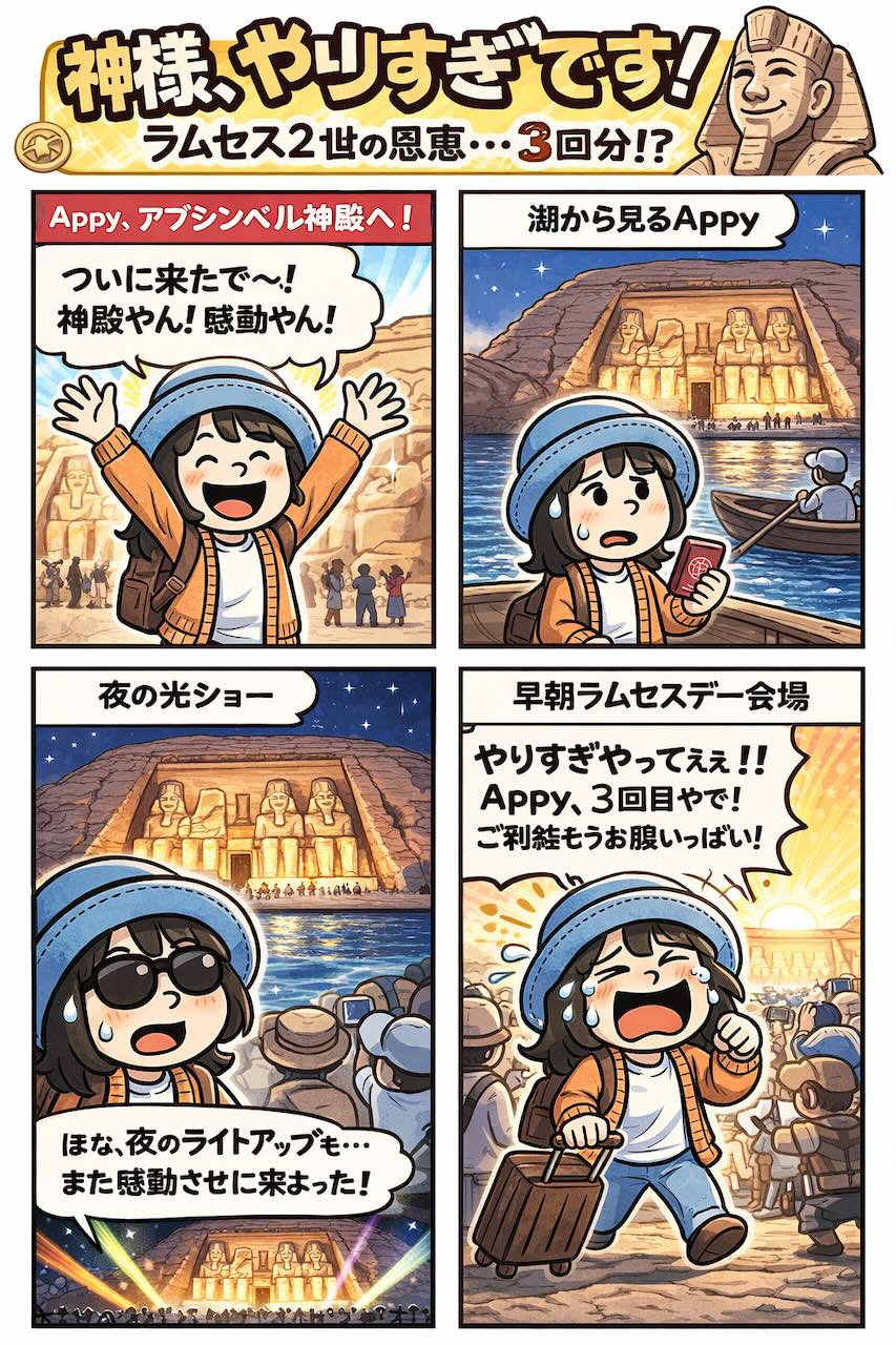 エジプト旅行でアブシンベル神殿を訪れ、昼夜さまざまな見学体験を重ねるAppyを描いた4コマ漫画