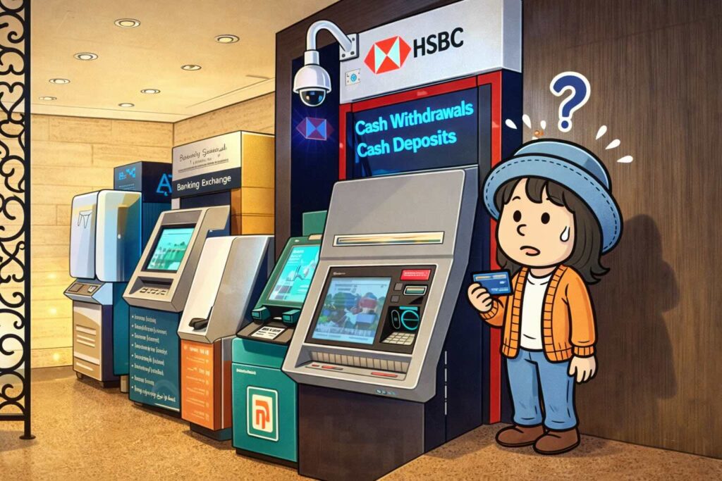 AppyがATMの前で現金を引き出そうとしているイラスト。Wiseカードと米ドル・エジプトポンド札が登場する。