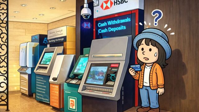 AppyがATMの前で現金を引き出そうとしているイラスト。Wiseカードと米ドル・エジプトポンド札が登場する。