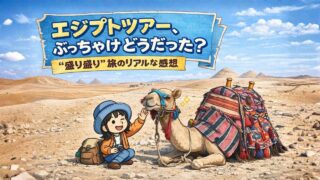 エジプトの砂漠でラクダに触れる旅人のイラスト。ピラミッドを背景に、盛り盛り旅のリアルな感想を伝えるツアー体験レビューのアイキャッチ。
