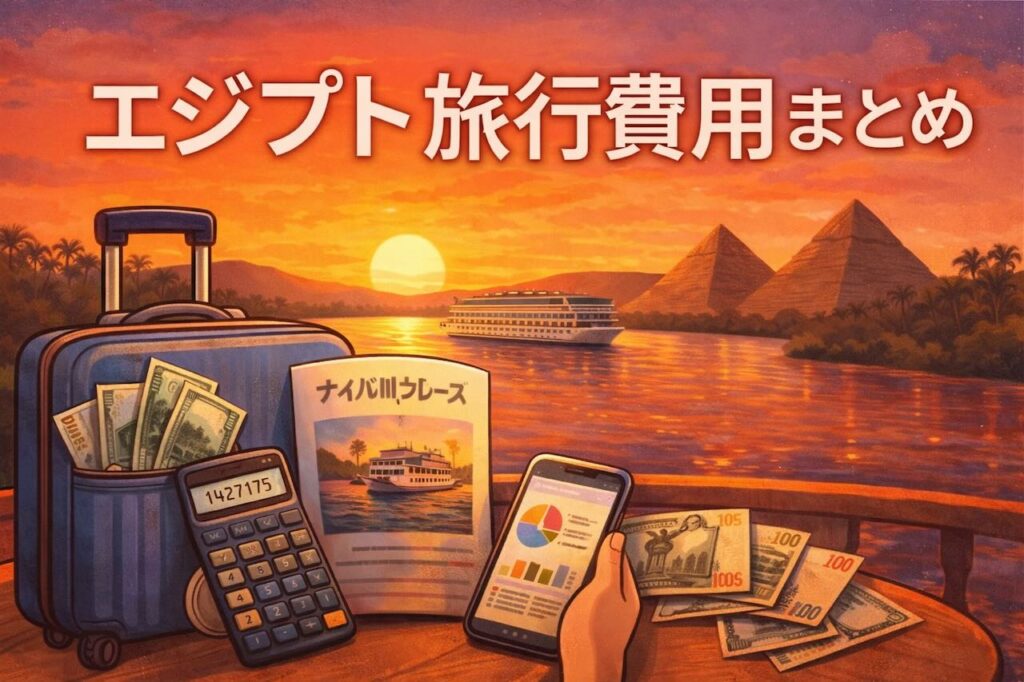 ナイル川の夕暮れにクルーズ船とスーツケースが描かれた、エジプト旅行費用まとめ用のイラスト。お金・旅・安心感をテーマに構成。