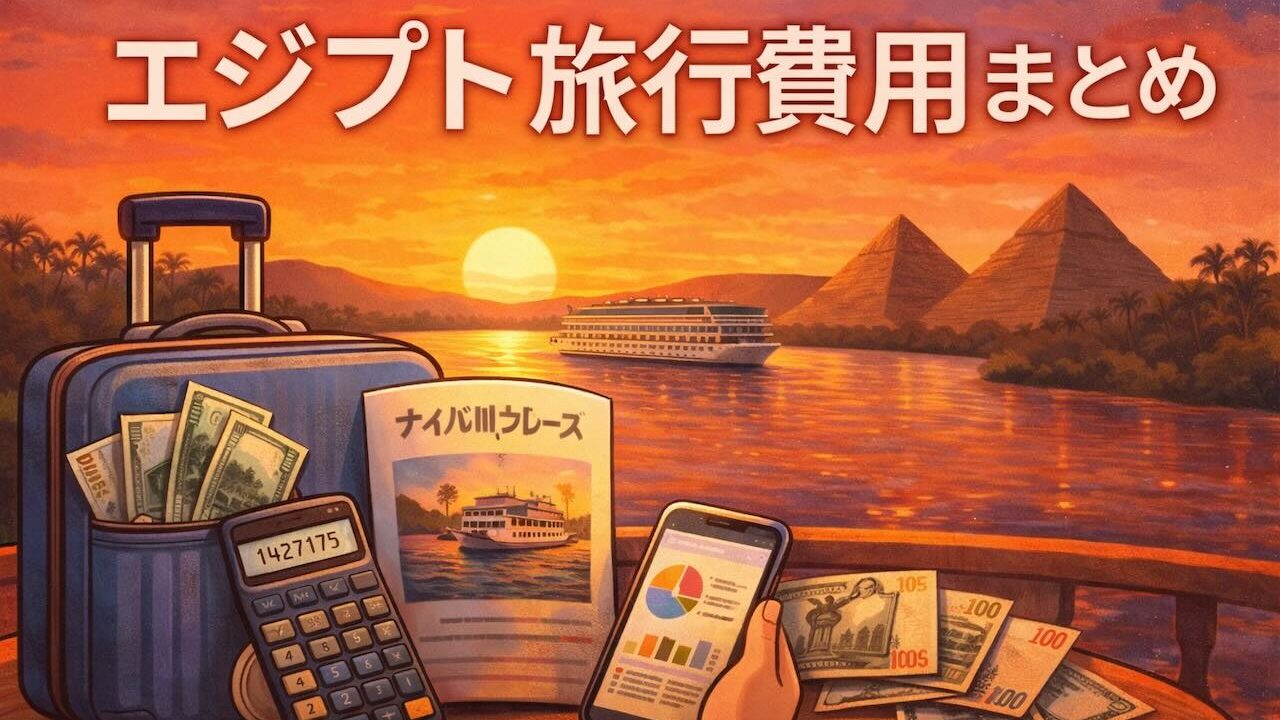 ナイル川の夕暮れにクルーズ船とスーツケースが描かれた、エジプト旅行費用まとめ用のイラスト。お金・旅・安心感をテーマに構成。
