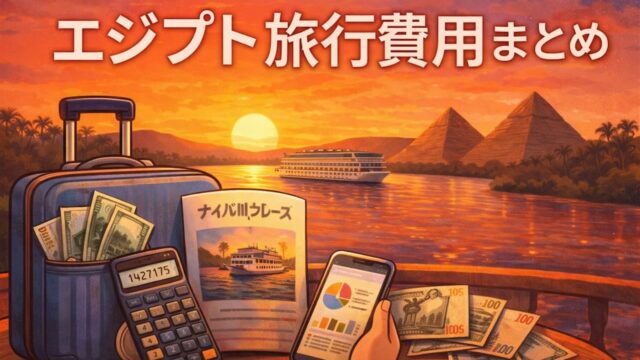 ナイル川の夕暮れにクルーズ船とスーツケースが描かれた、エジプト旅行費用まとめ用のイラスト。お金・旅・安心感をテーマに構成。