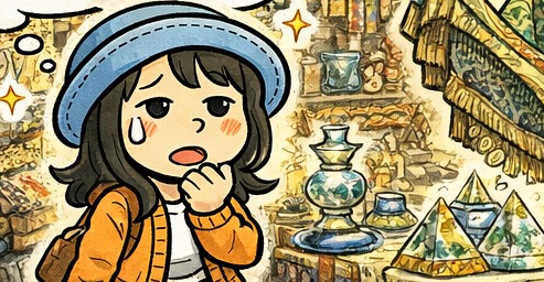 エジプト旅行の土産物市場で、買うか迷いながら時間に追われるAppyを描いた4コマ漫画のアイキャッチ