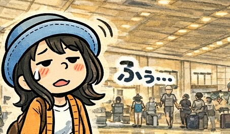 エジプト旅行の移動中、飛行機と空港での時間を通して旅の始まりを描いた4コマ漫画のアイキャッチ