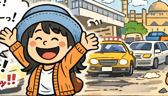 エジプト旅行でカイロの街に到着し、人混みの中で戸惑いながら街を歩くAppyを描いた4コマ漫画のアイキャッチ