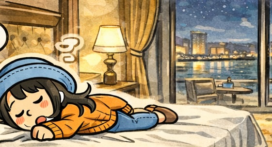 エジプト旅行でカイロの五つ星ホテルに到着し、広い客室で夜を過ごすAppyを描いた4コマ漫画のアイキャッチ