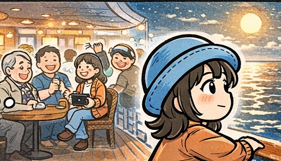 ピースボートの船内で行われる運動会や盆踊りを眺めながら、無理に参加せずとも少しずつ雰囲気に馴染んでいく様子を描いた4コマ漫画のアイキャッチ