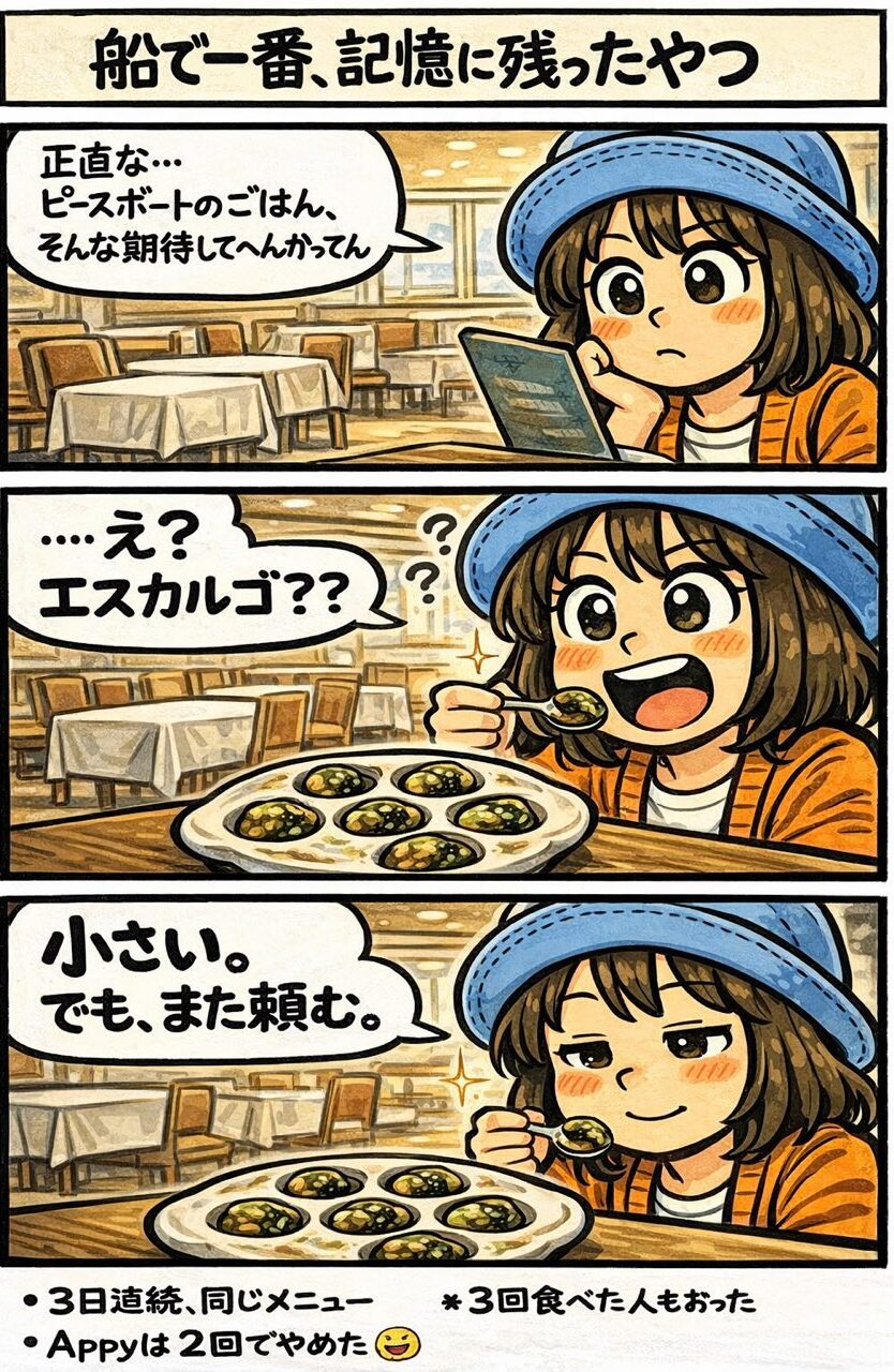 ピースボートの船内レストランで提供されたエスカルゴが予想以上に美味しく、思わず何度も注文した体験を描いた4コマ漫画